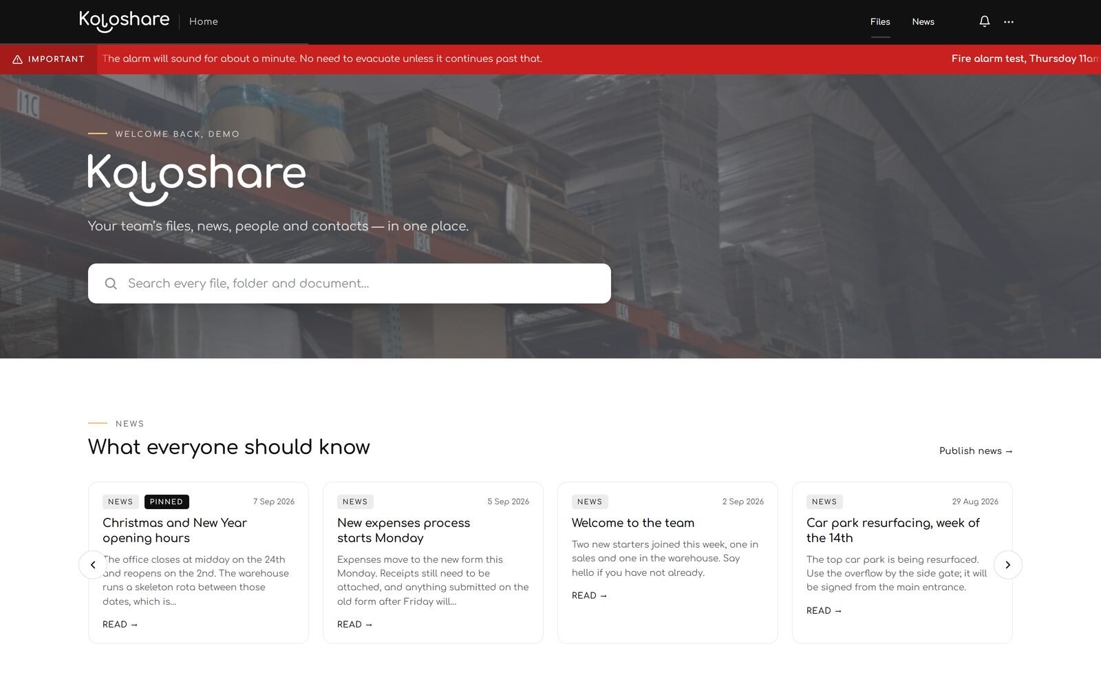The Koloshare staff homepage with an urgent banner scrolling across the top