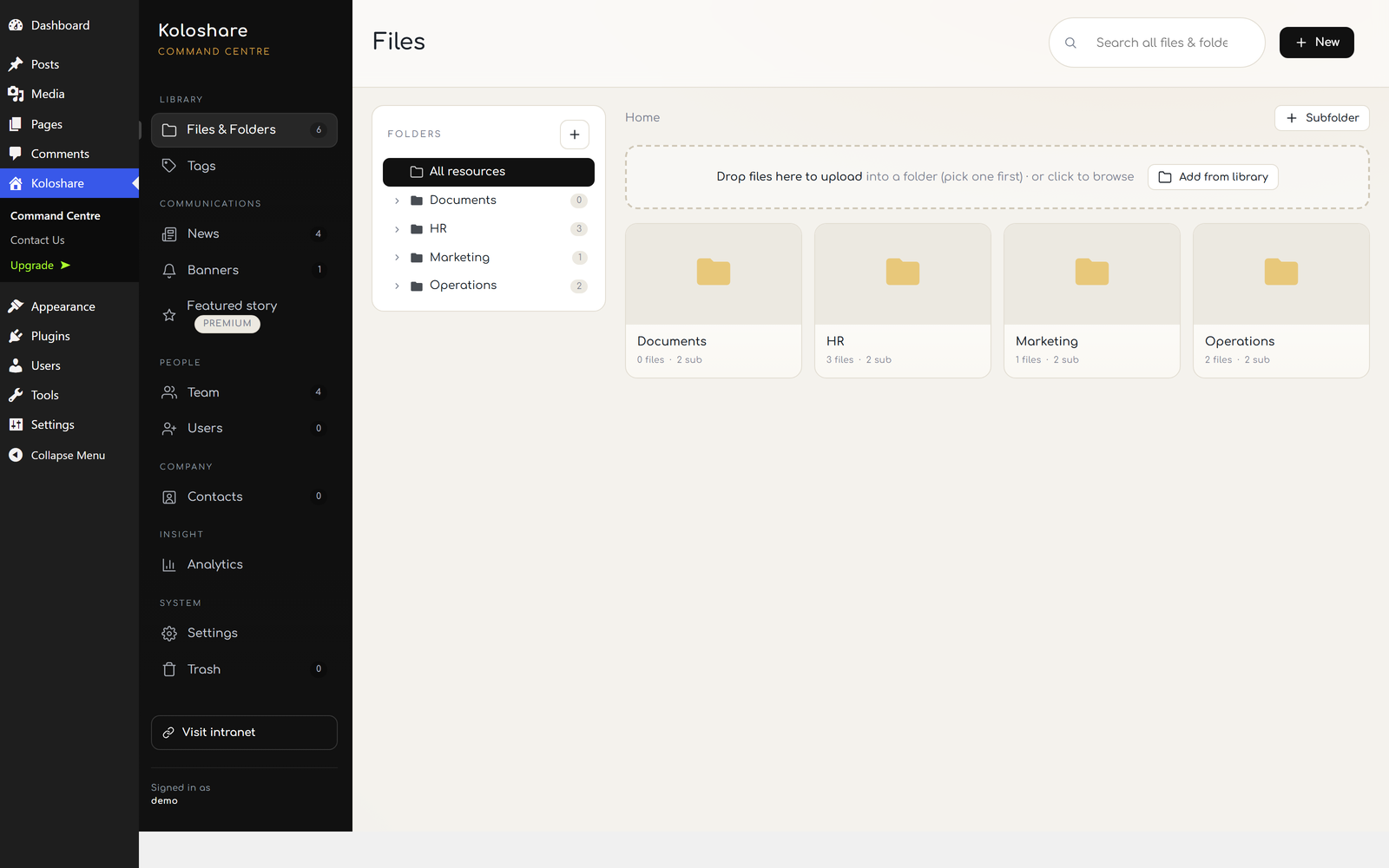 The Koloshare Command Centre admin screen