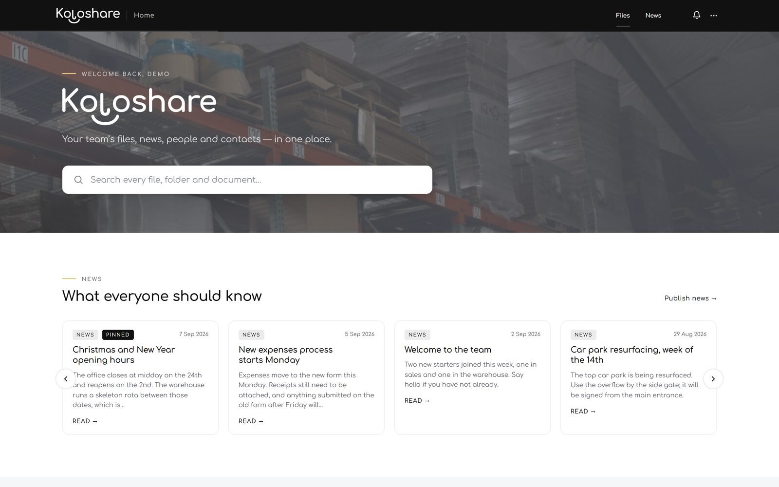 The Koloshare staff homepage on a desktop browser