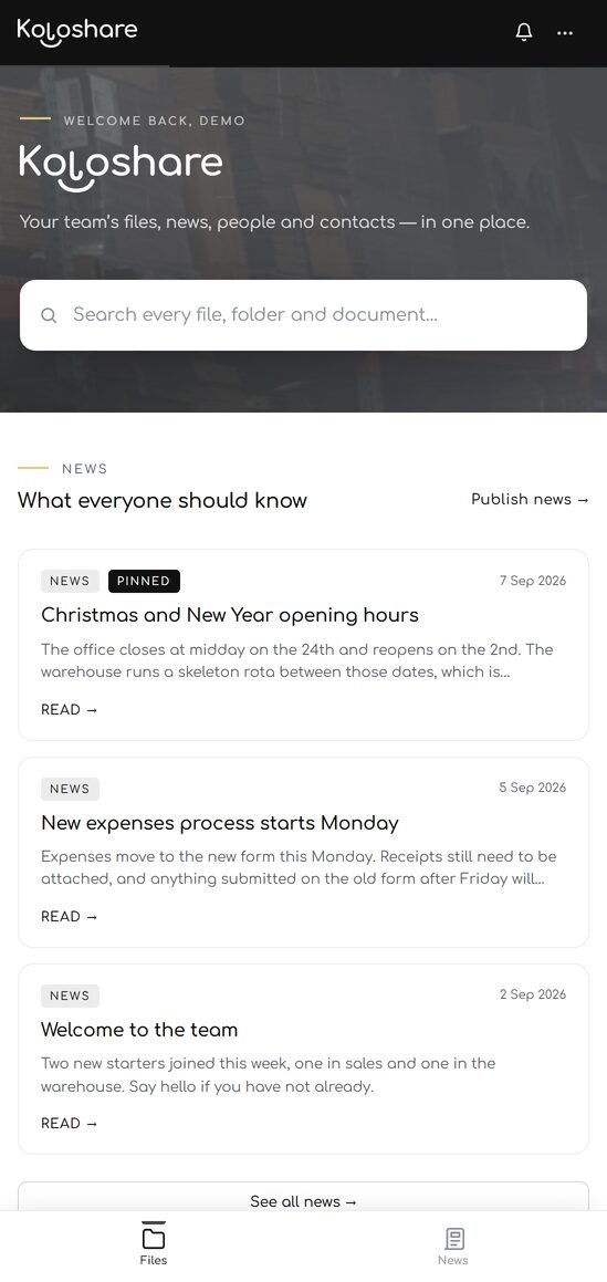 The Koloshare homepage on a phone, with a bottom tab bar