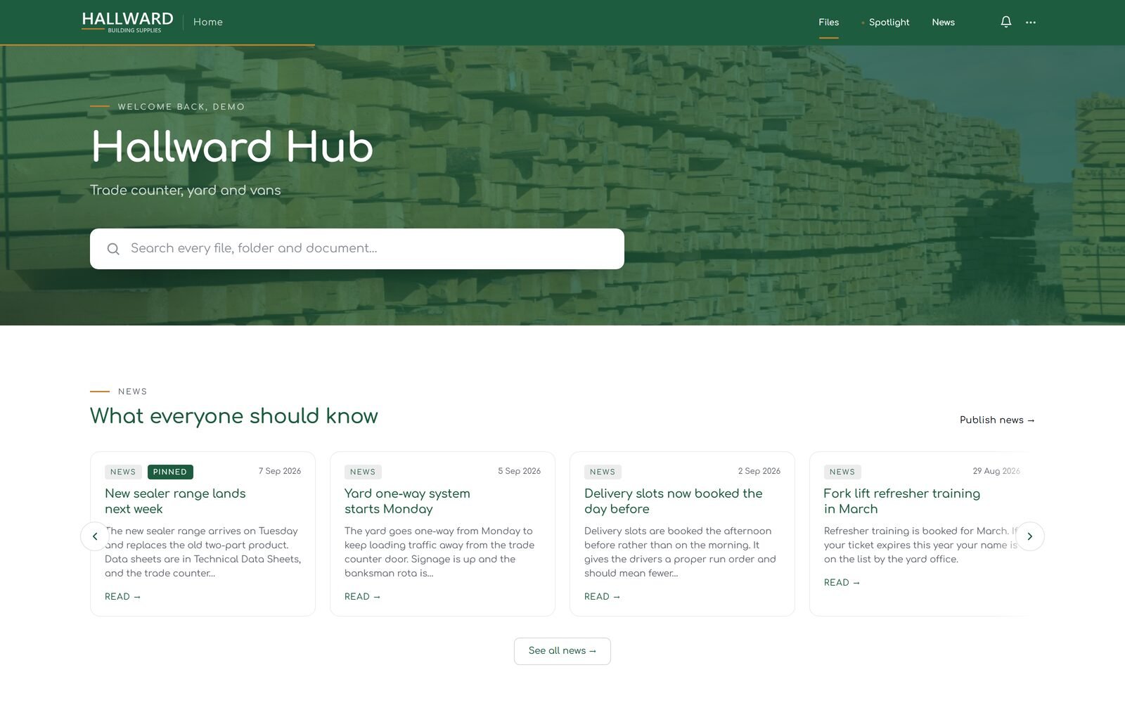 The same workspace on Premium branding, showing an example company's own logo, green header and amber accent