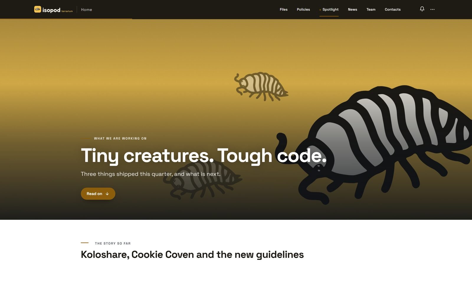 A Spotlight story on Isopod Terrarium: a full-width photo with a headline and a Read on button