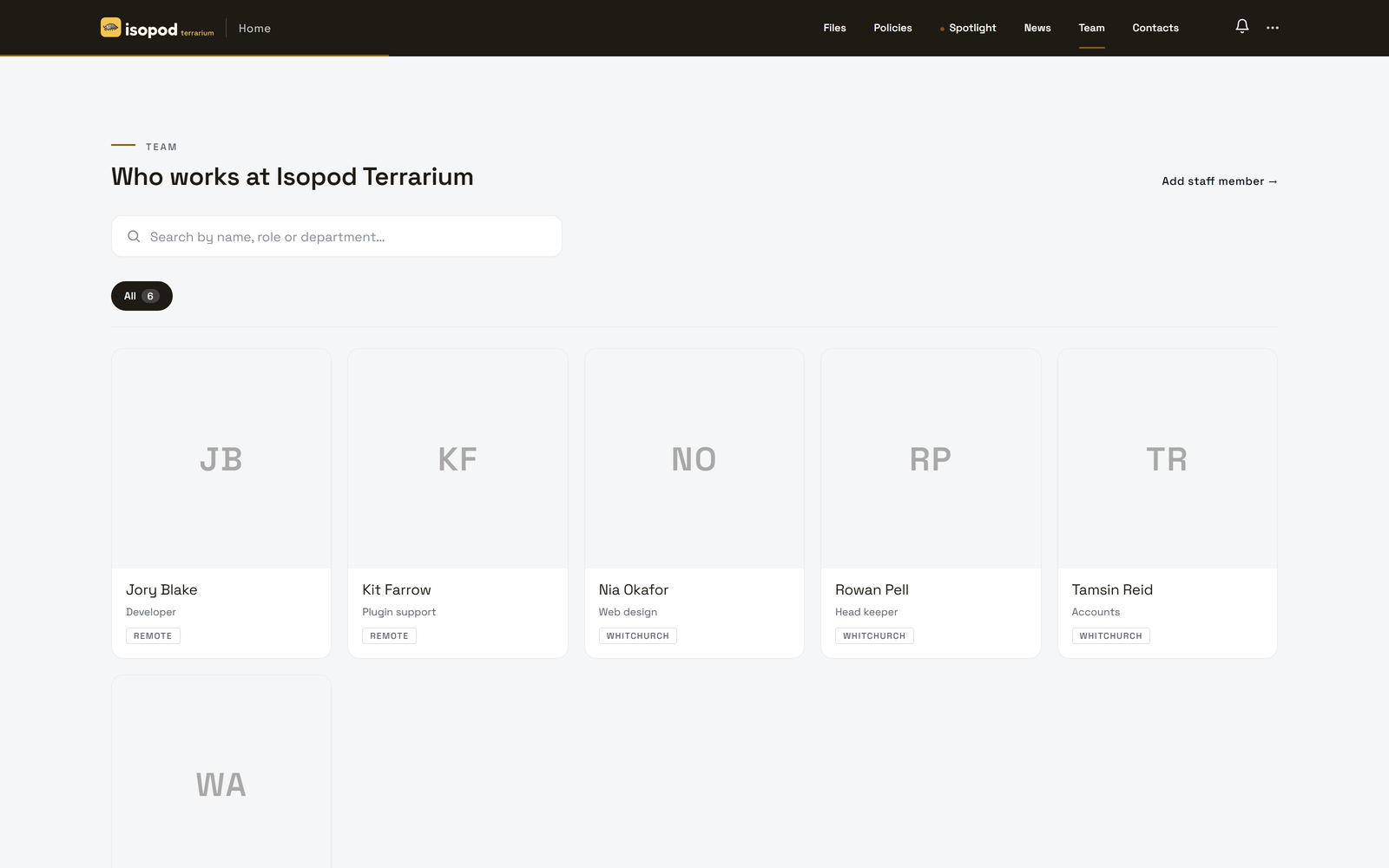 The Isopod Terrarium team directory, six cards filtered by department